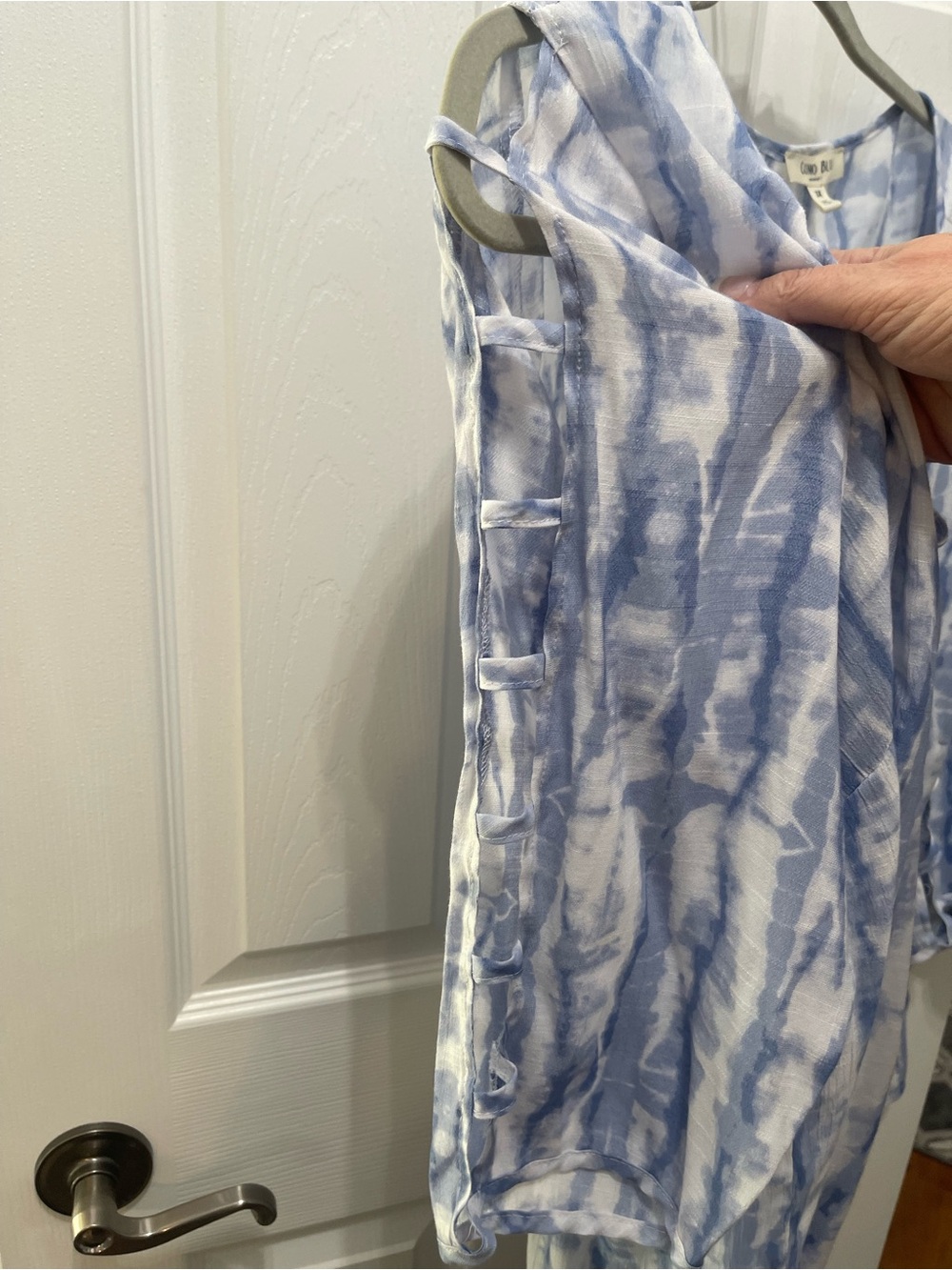 Cato Blue and White Tie-Dye Peasant Blouse with Front Tie - Picture 7 of 13